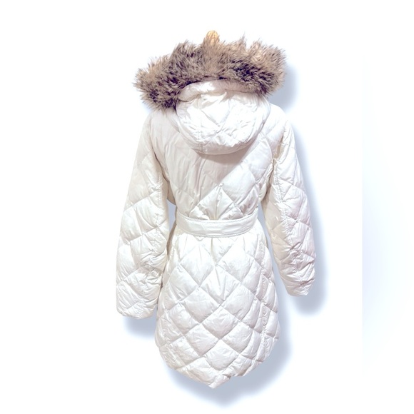 Eddie Bauer Cream Quilted Goose Down Hooded Faux Fur Belted Jacket Size Large - Picture 9 of 12